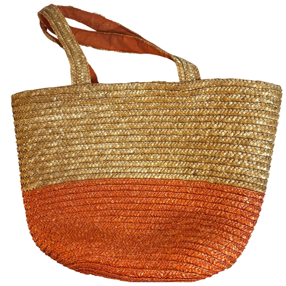 NEIMAN MARCUS Wheat Straw Colorblock Tote Orange Tan Summer Beach Bag